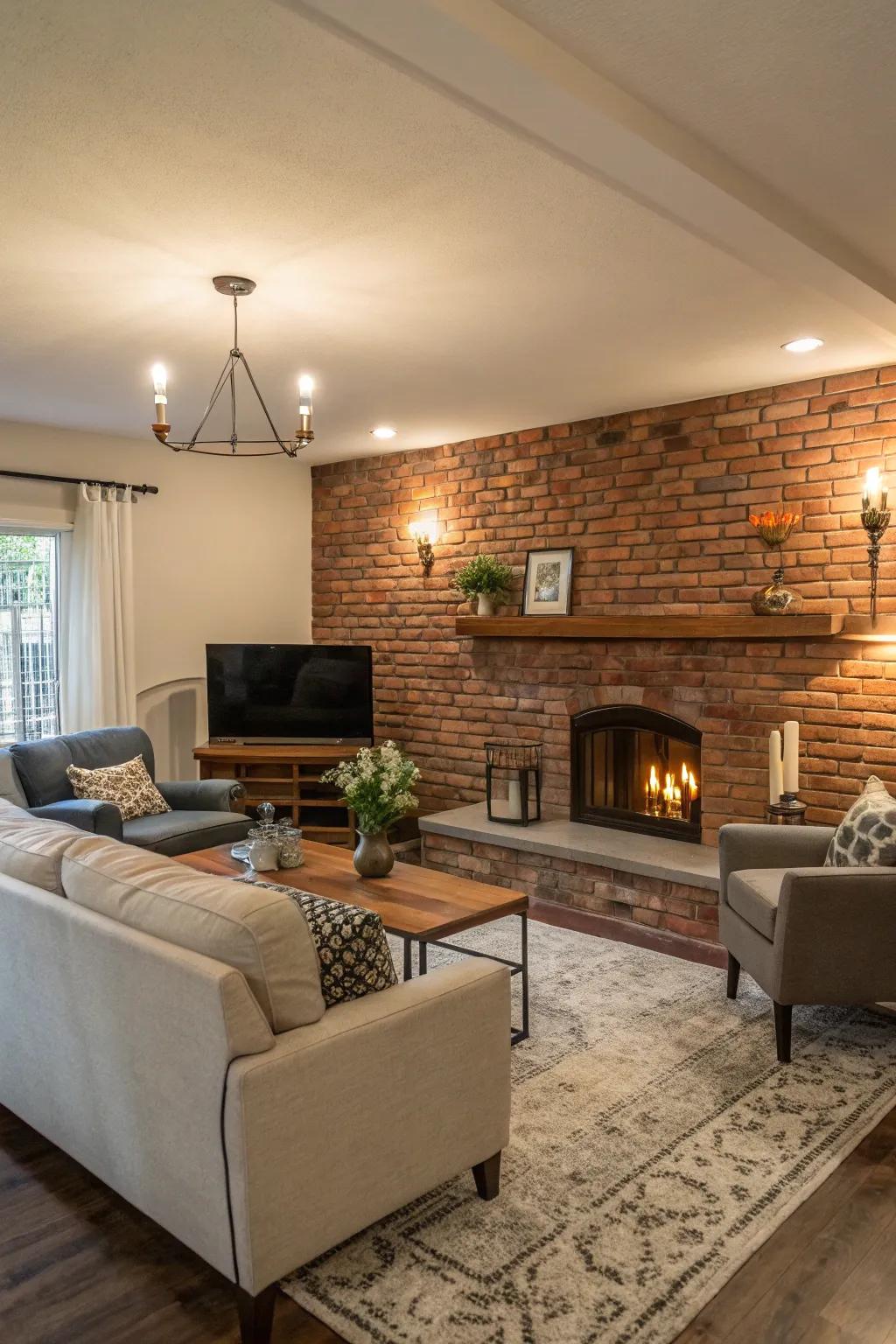 An inviting living room showcasing a half brick wall and welcoming decor.
