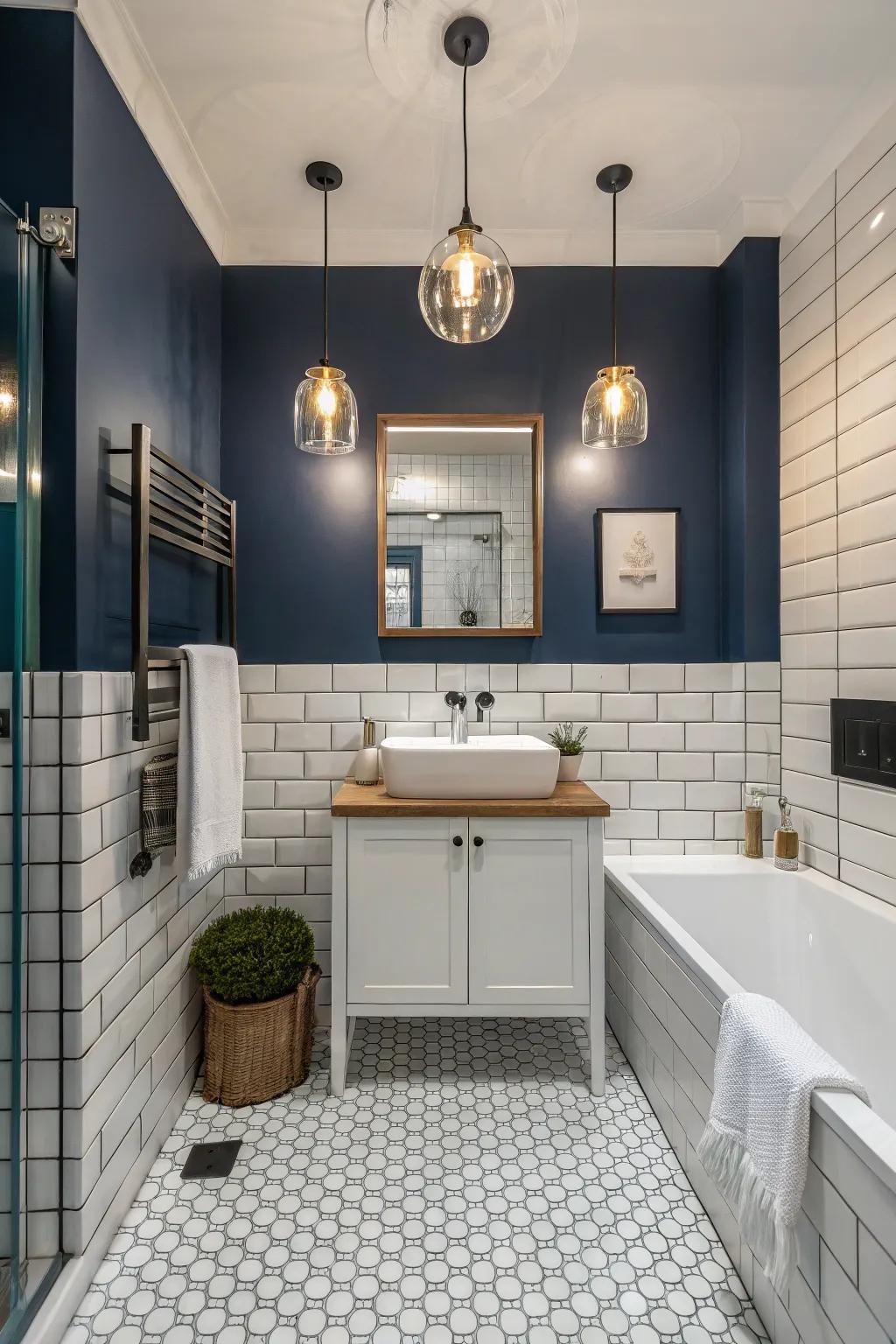 A bold contrast in a bathroom with white tiles and dark blue walls.