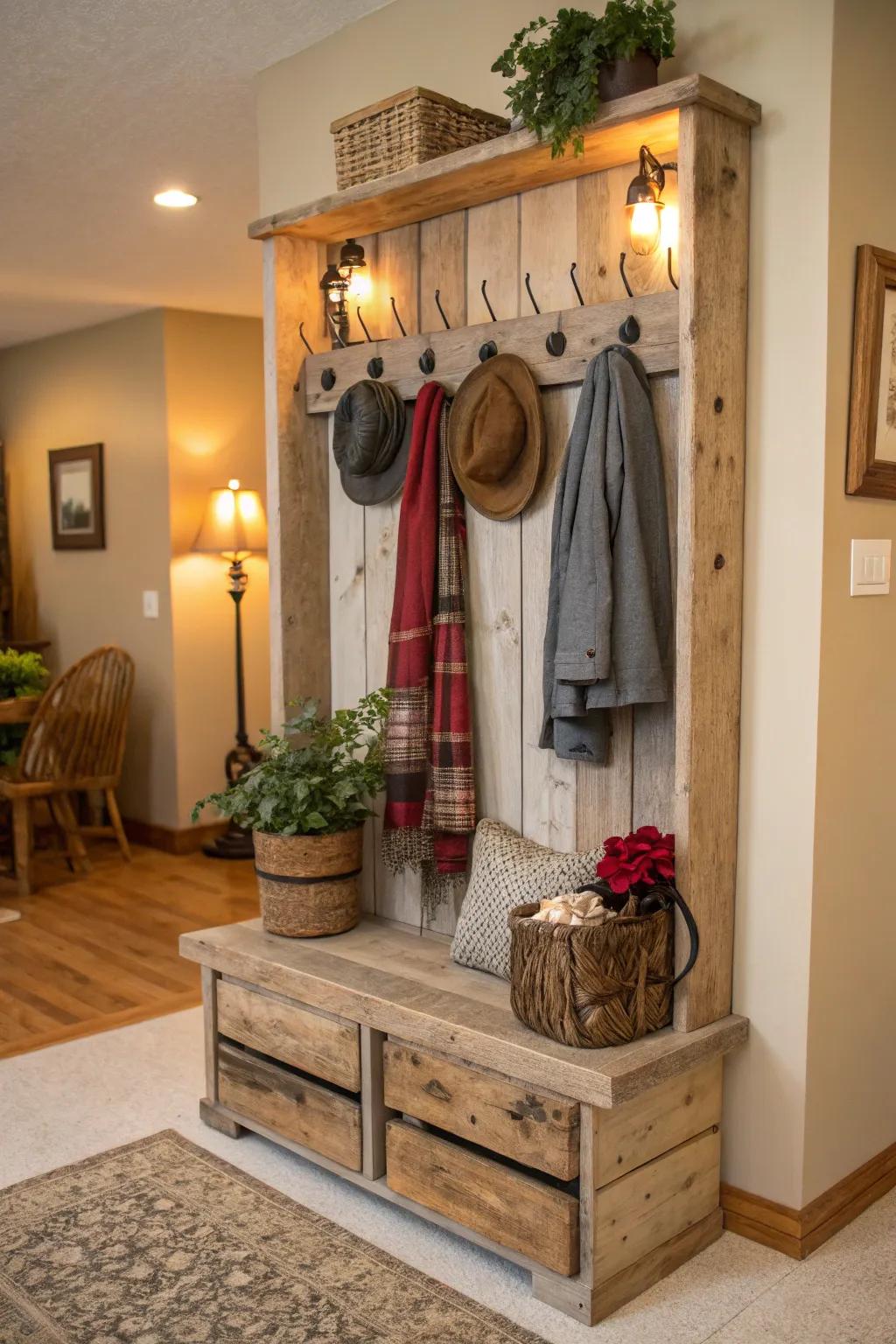 Showcase rustic appeal using a refurbished wood hall tree.