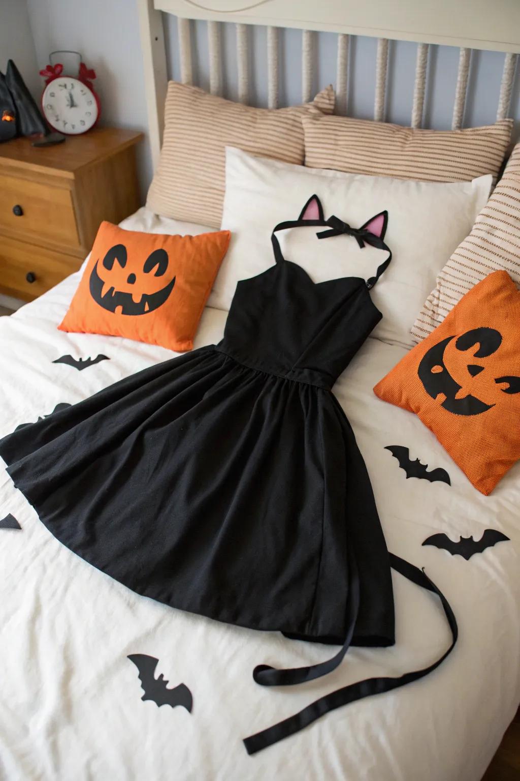 Easy black cat costume made with a black dress.