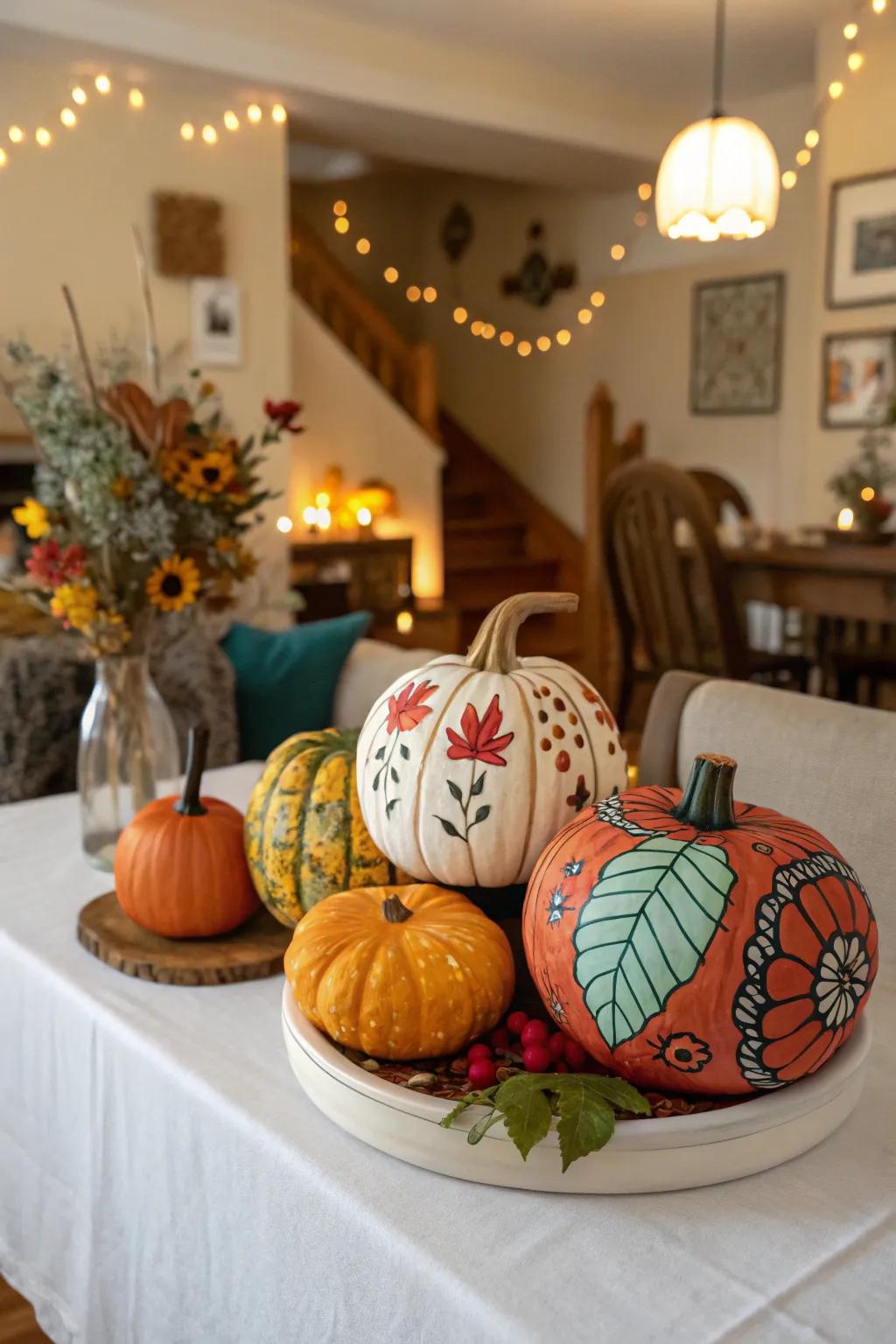 A spectrum of sculpted and decorated pumpkins crafts a captivating centerpiece