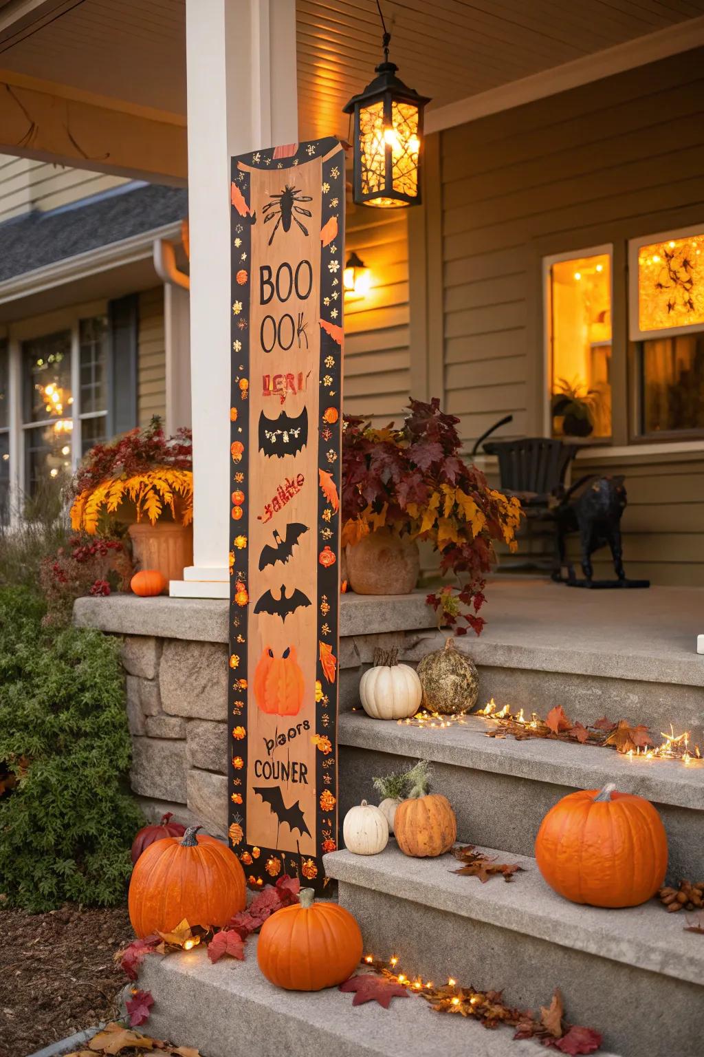 An eye-catching upright sign inviting guests to a Halloween-equipped veranda.