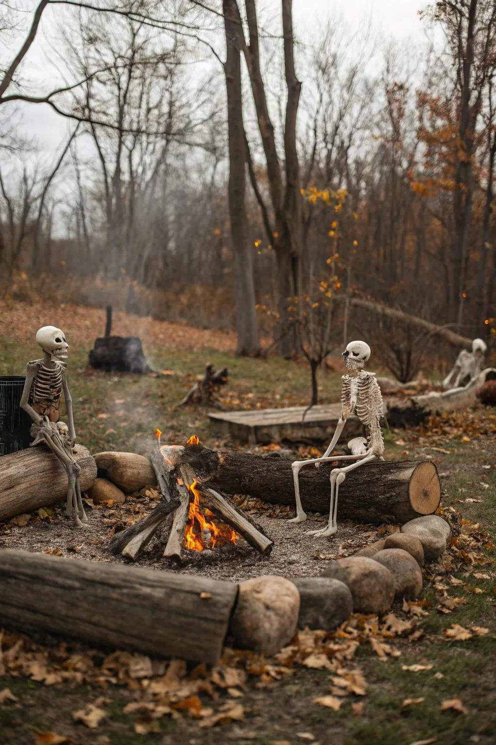 A comfortable campfire scene with skeletons gives a charming aspect to your Halloween decor.