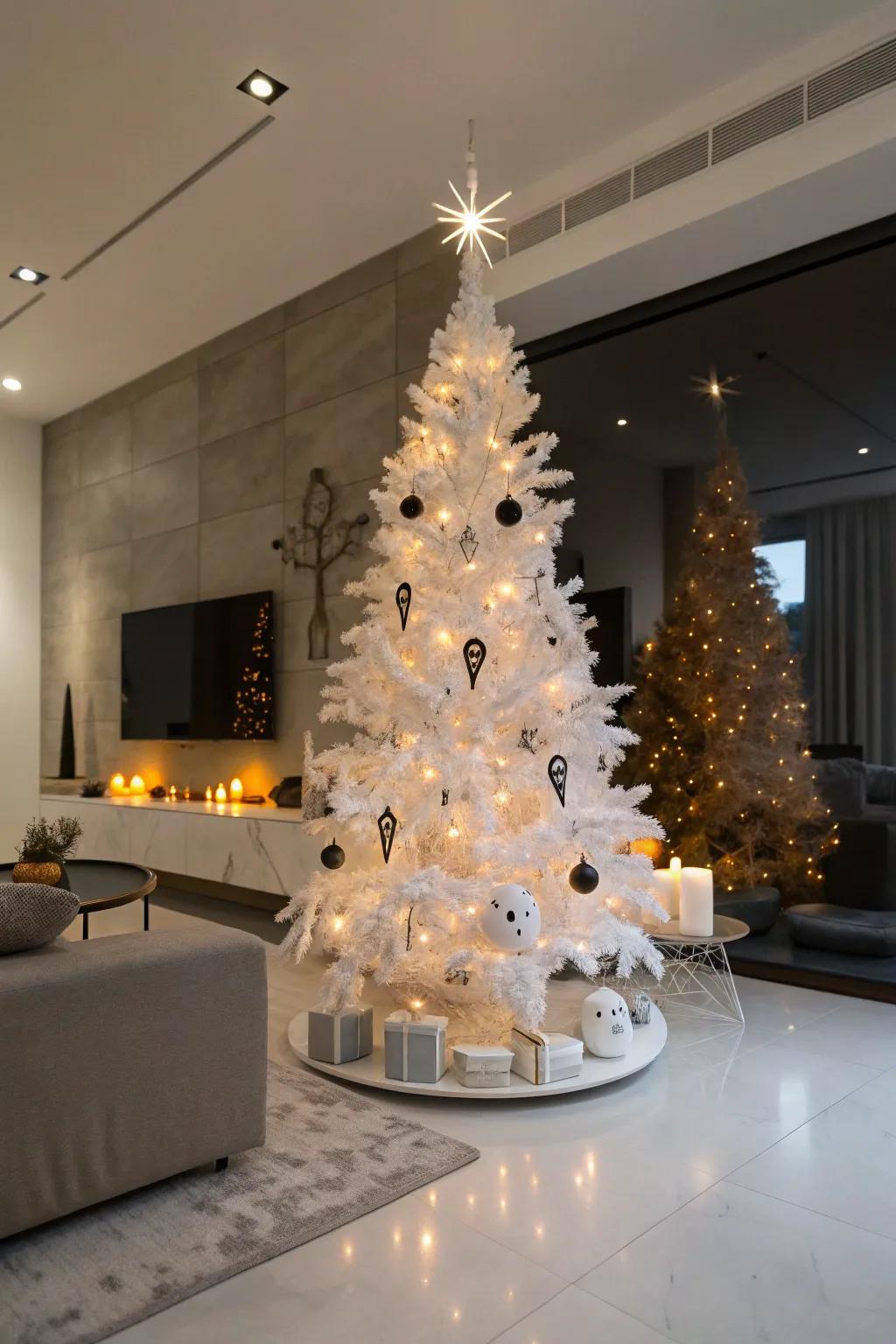 An ethereal white Halloween tree for a fashionable, spectral look.