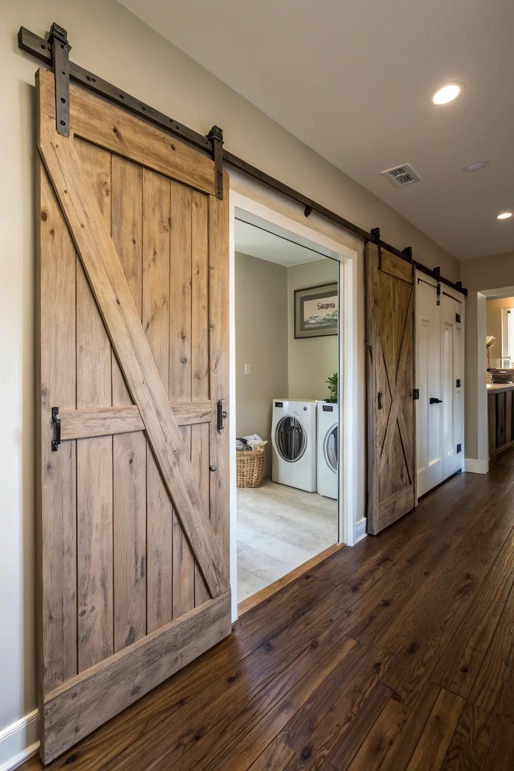 Charming rustic sliding barn doors offer both style and function.