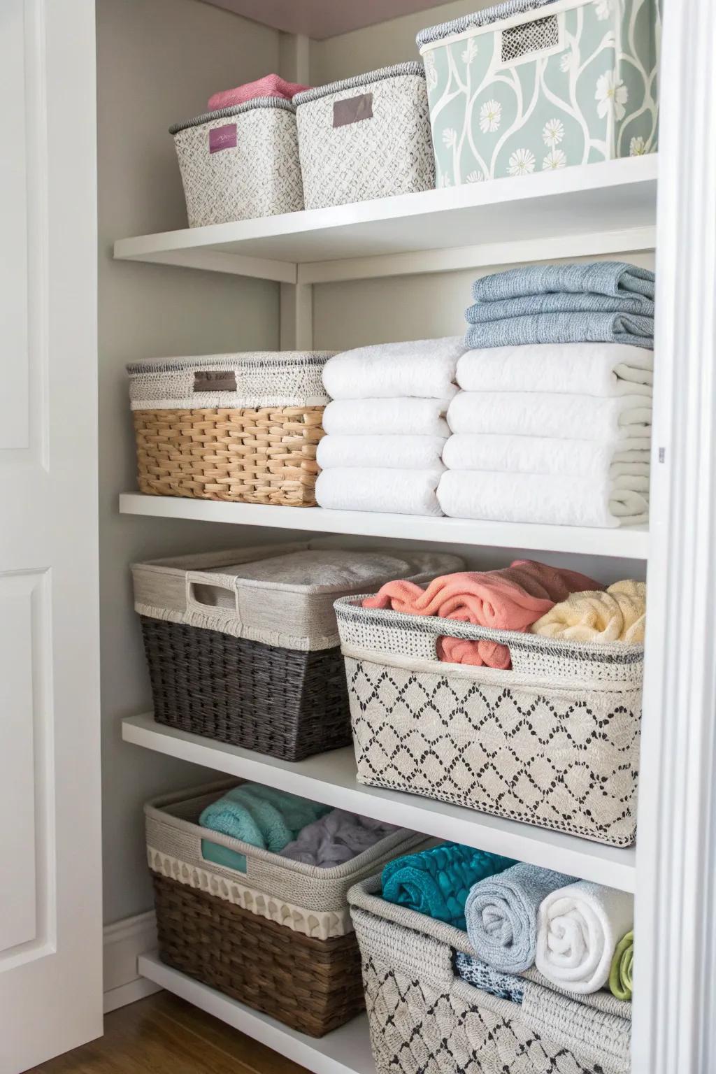 Baskets bring charm and order to your linen closet.
