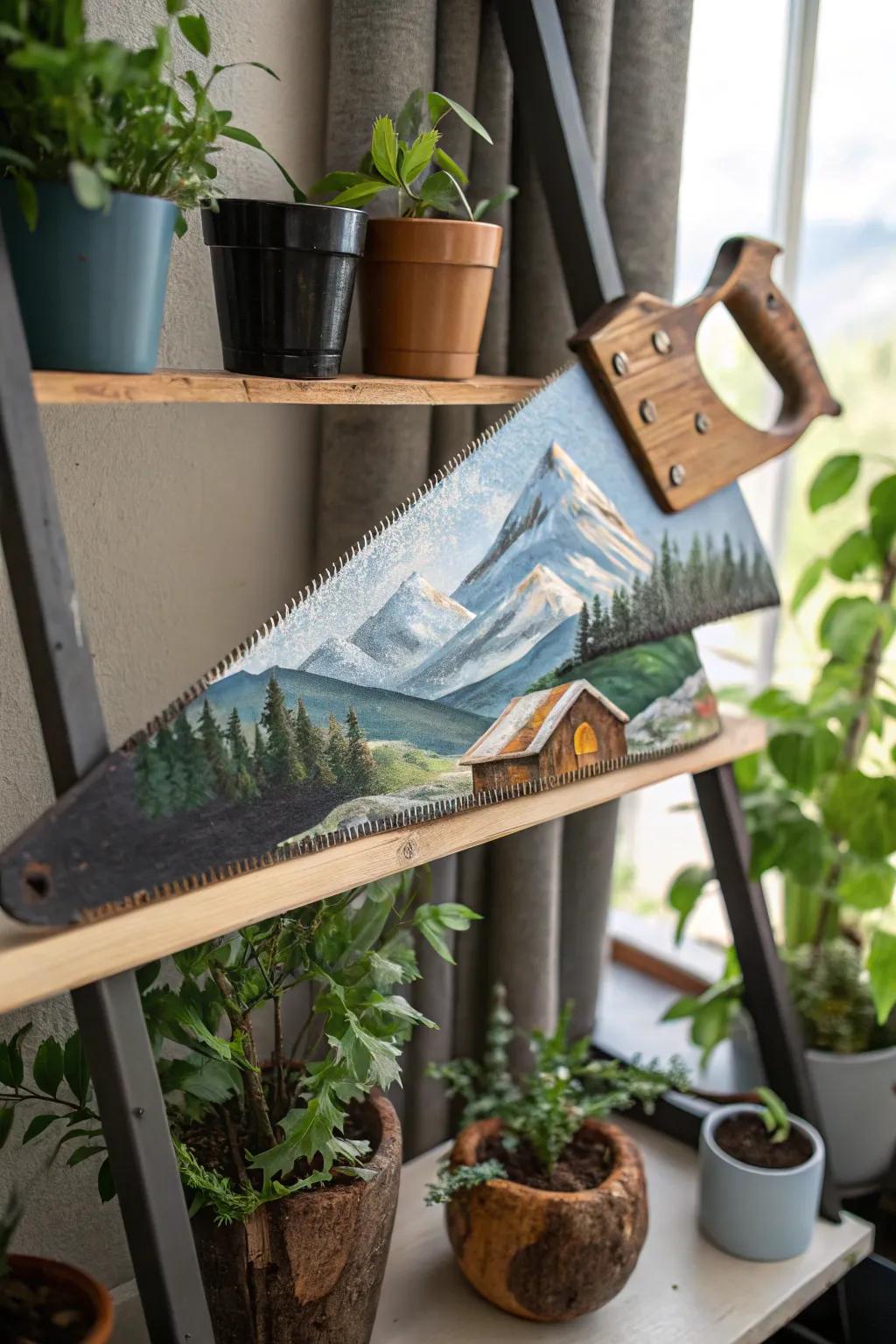 A handsaw crafted into an artwork showing a serene mountain horizon.