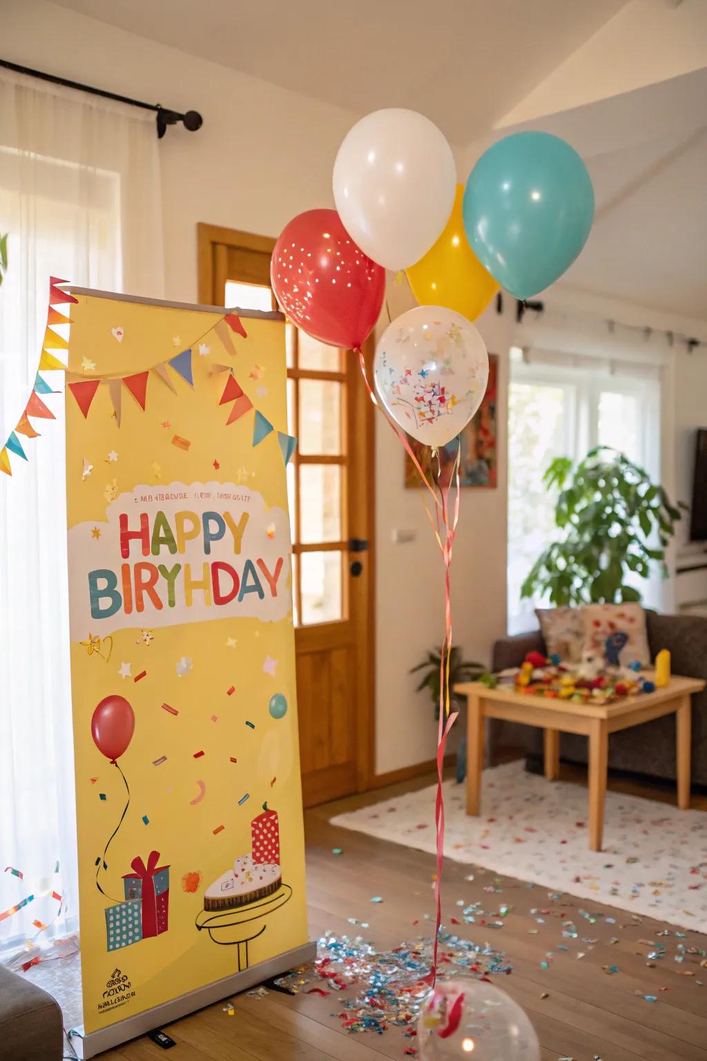 Spheres and confetti introduce a festive element to birthday displays.