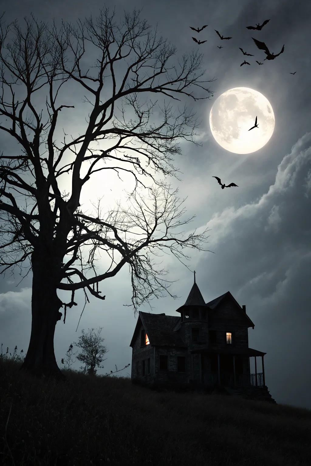 A haunting gabled manor wall piece that sets a mysterious and eerie tone.