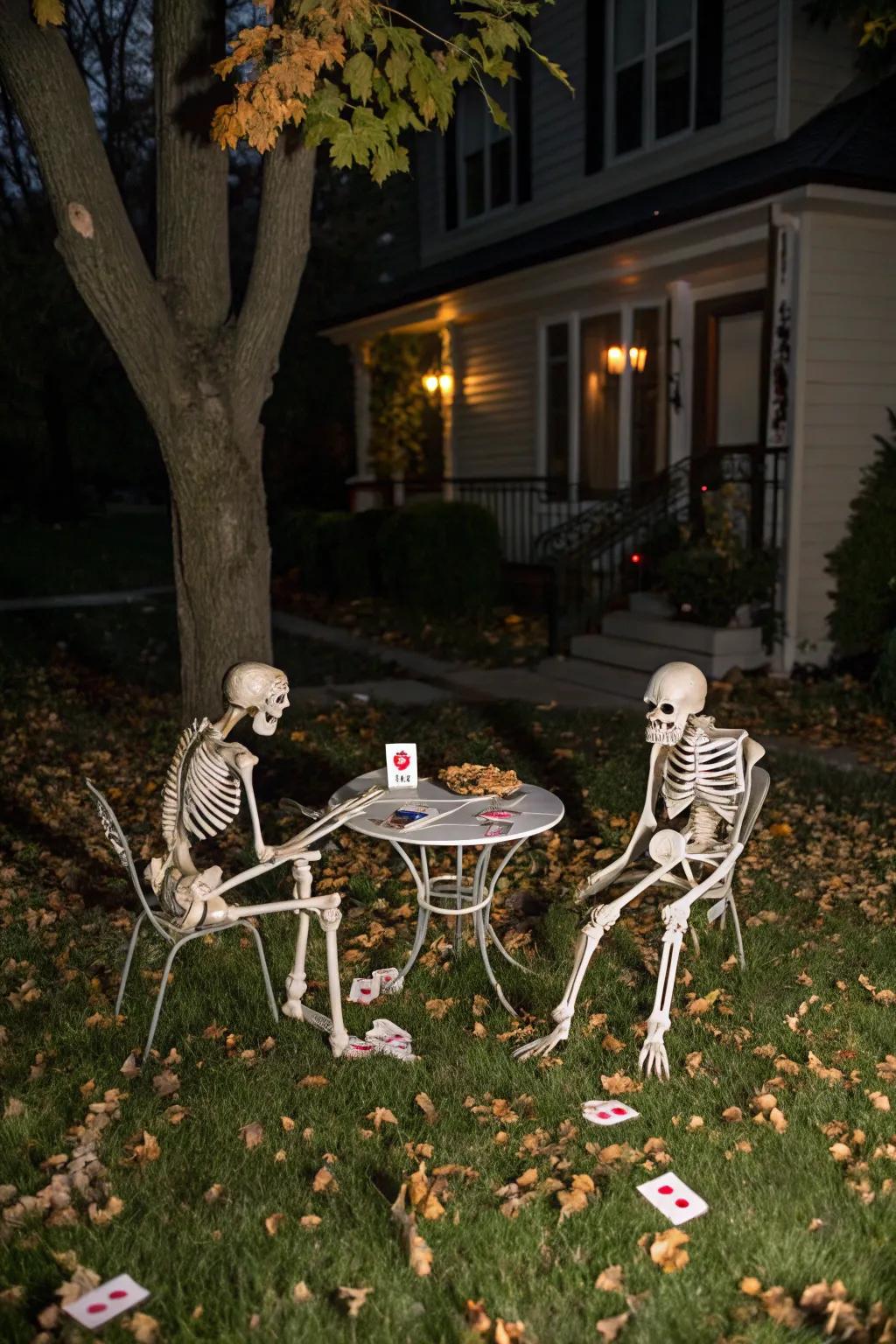 Transform your lawn into an eerie setting with creatively posed skeletons.