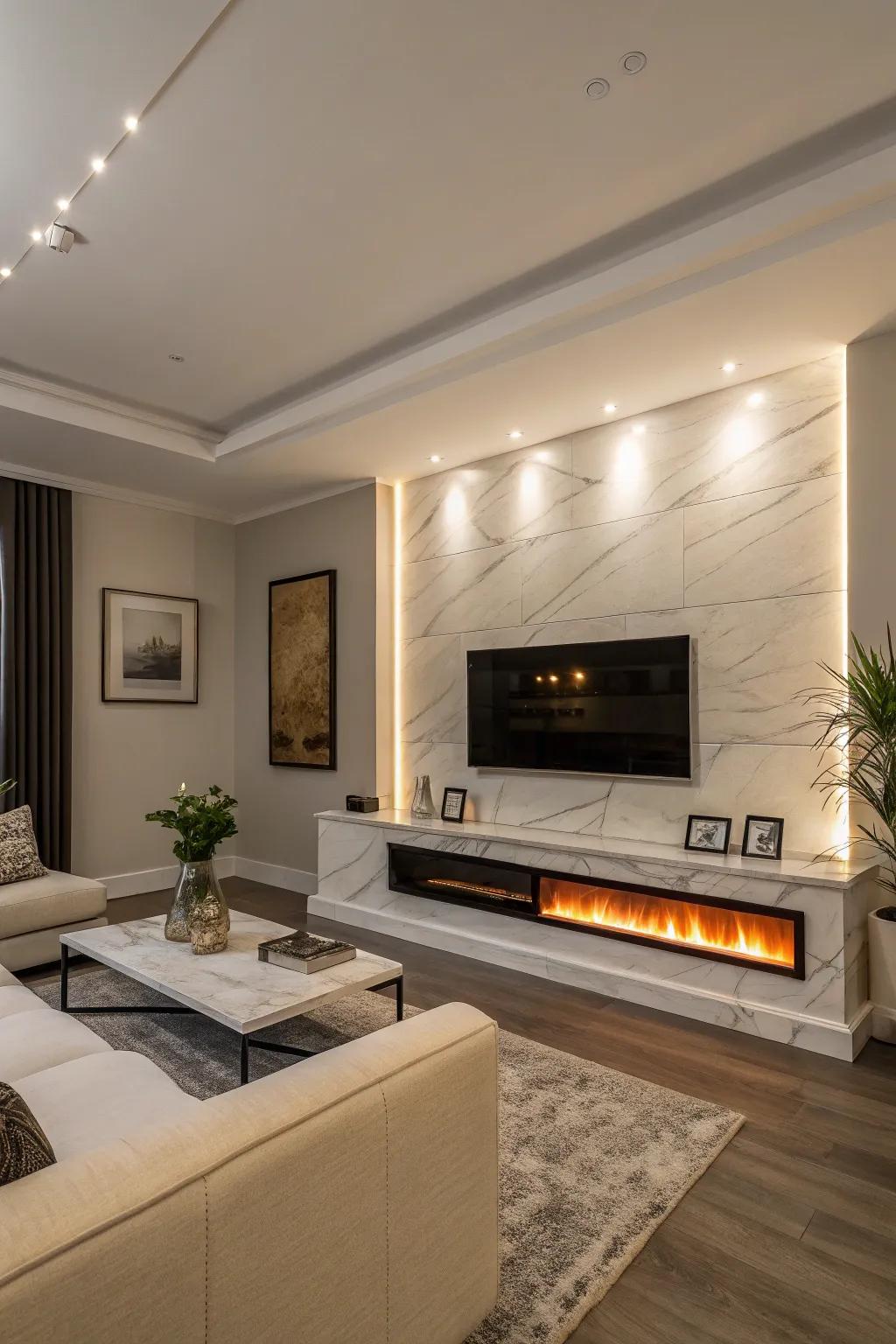 A modern living space featuring a wall-mounted electric fireplace that provides a polished and contemporary flair.