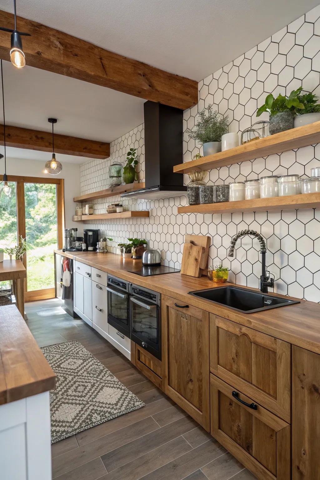 Wood and hexagon patterns create a warm, inviting kitchen ambiance.