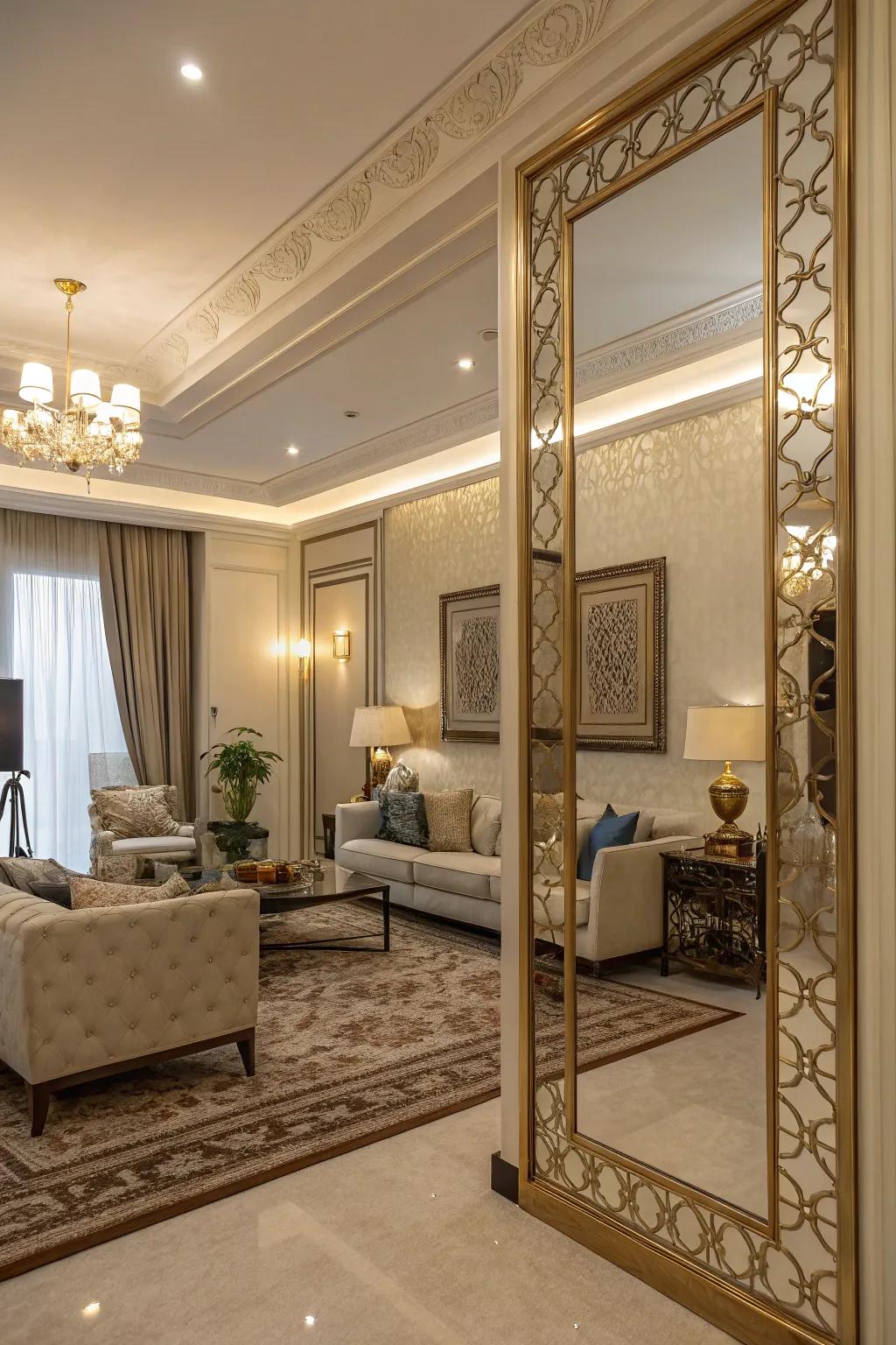 A mirror room divider accentuates the space while sustaining an airy ambiance.