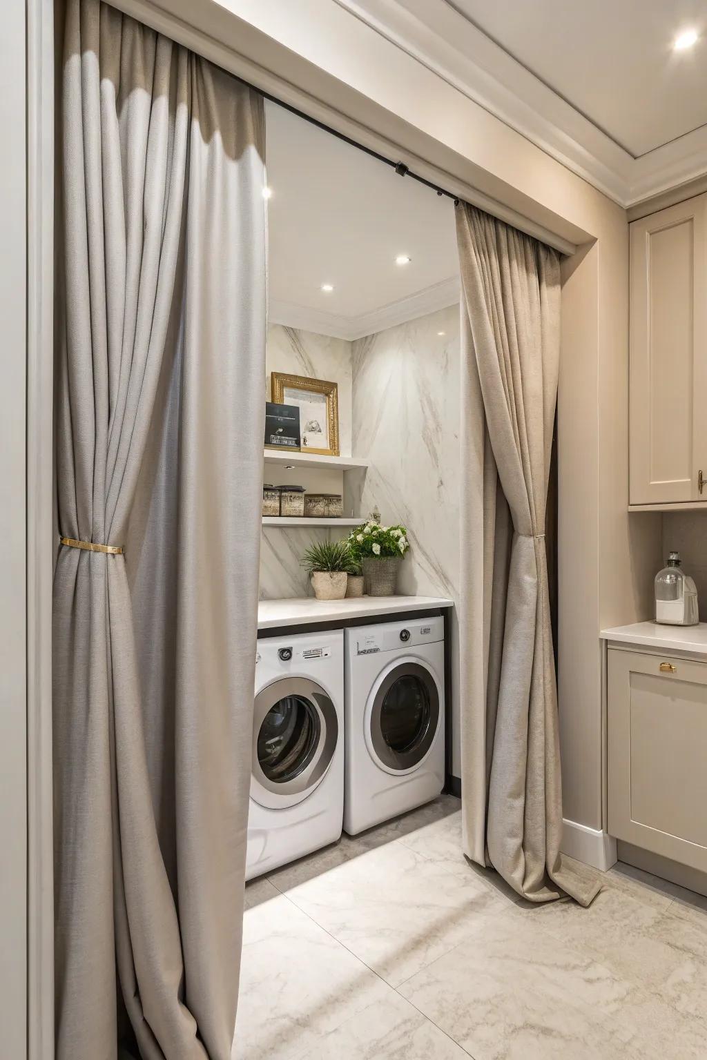 Beautiful curtains hiding utility items in a laundry room.
