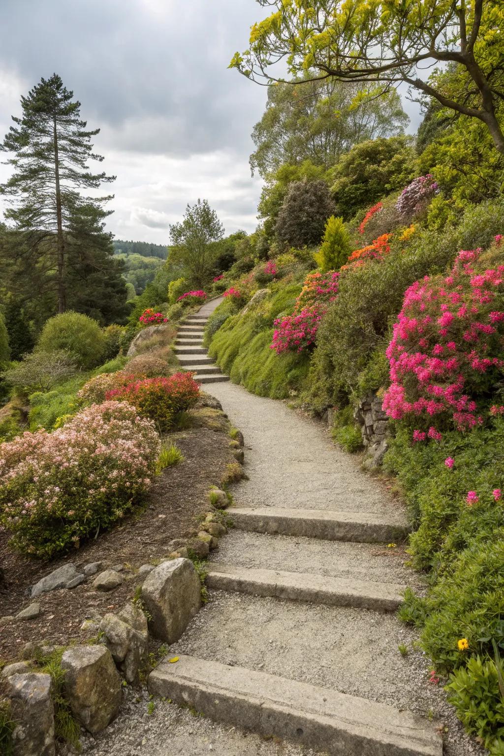 Pebble and rock walkways add charm and easy access to a sloping garden.