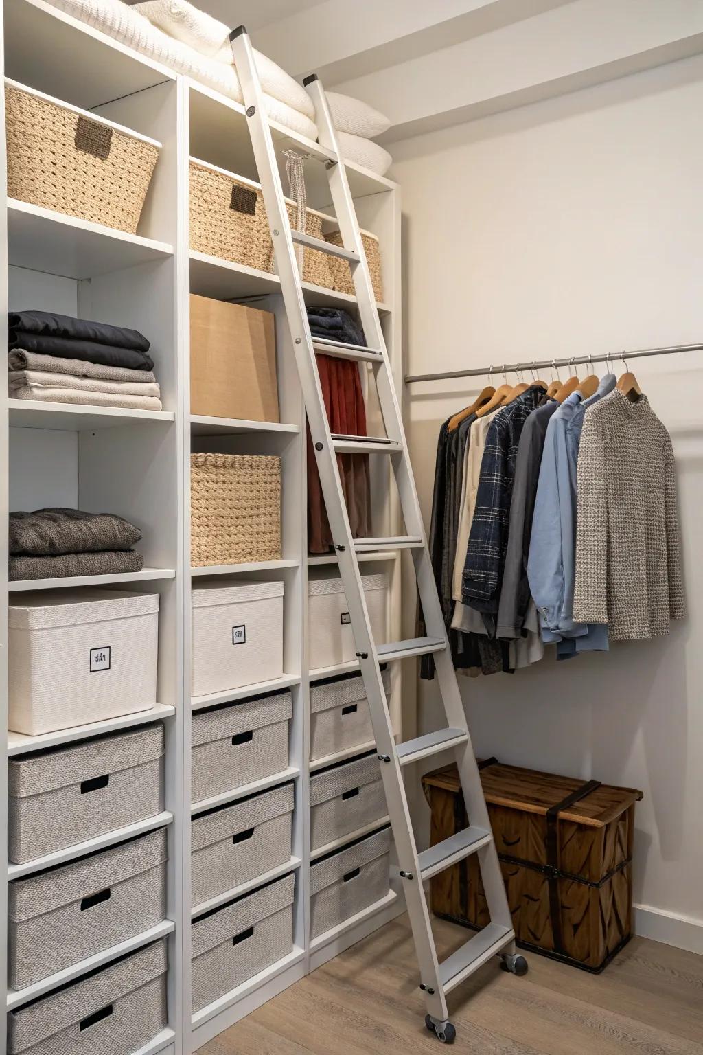 Make use of every area with vertical shelving and a convenient step.