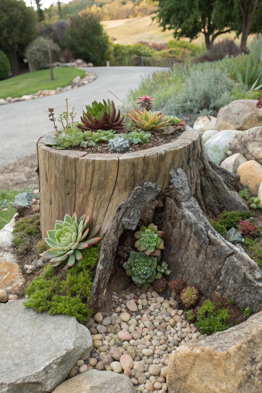 Cacti thrive inside this country style tree piece display.