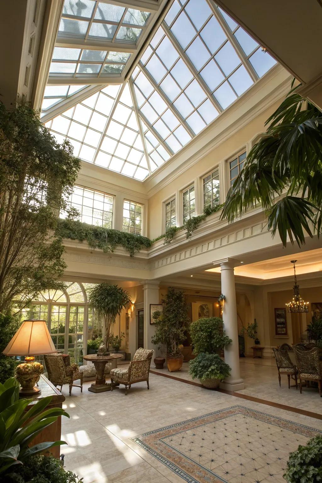 An overhead window brightening the sun court and enhancing the overall atmosphere.