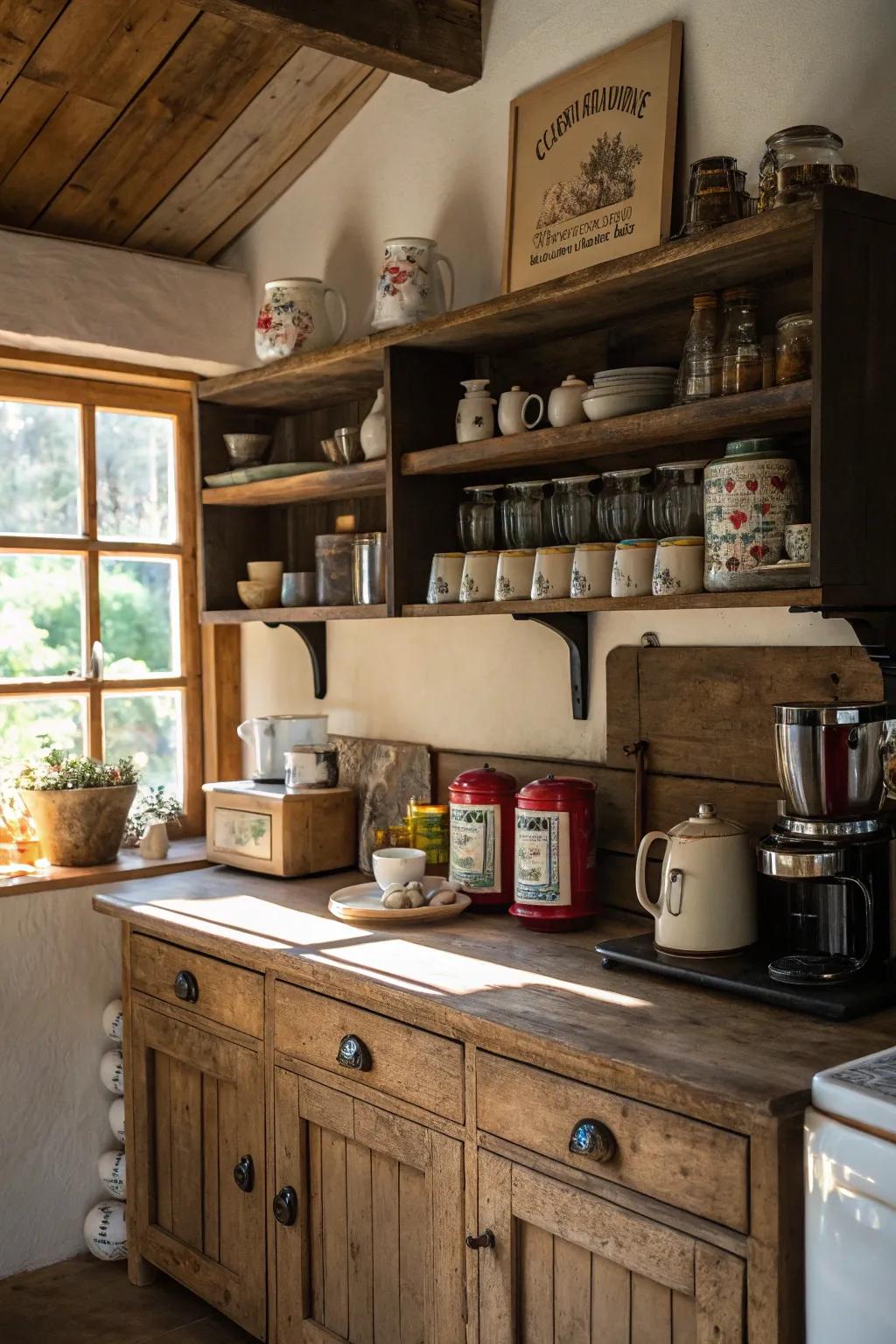 Display shelves provide both storage and flair to your coffee station.