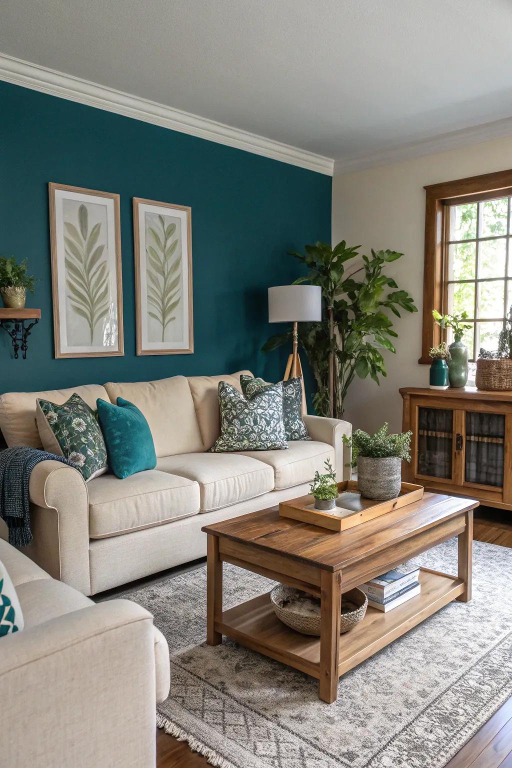 A living room brightened by an intense turquoise feature wall.