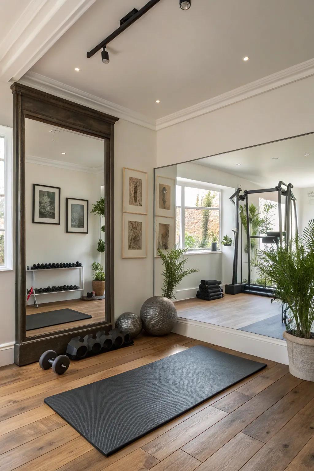 This home gym gains character from a beautifully framed mirror.