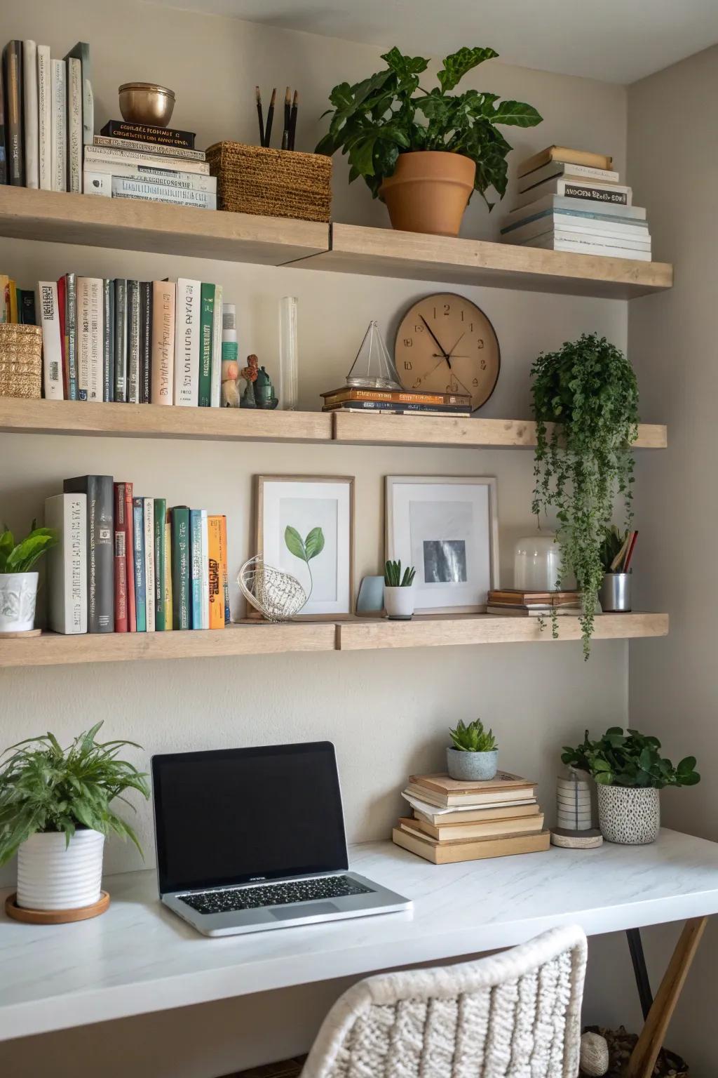 Elevated ledges offer functional storage and a personal element.