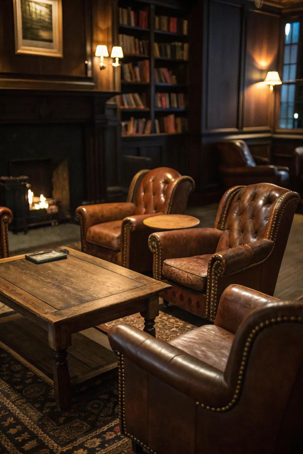 Timeless furnishings contribute comfort and individuality to your speakeasy setting.