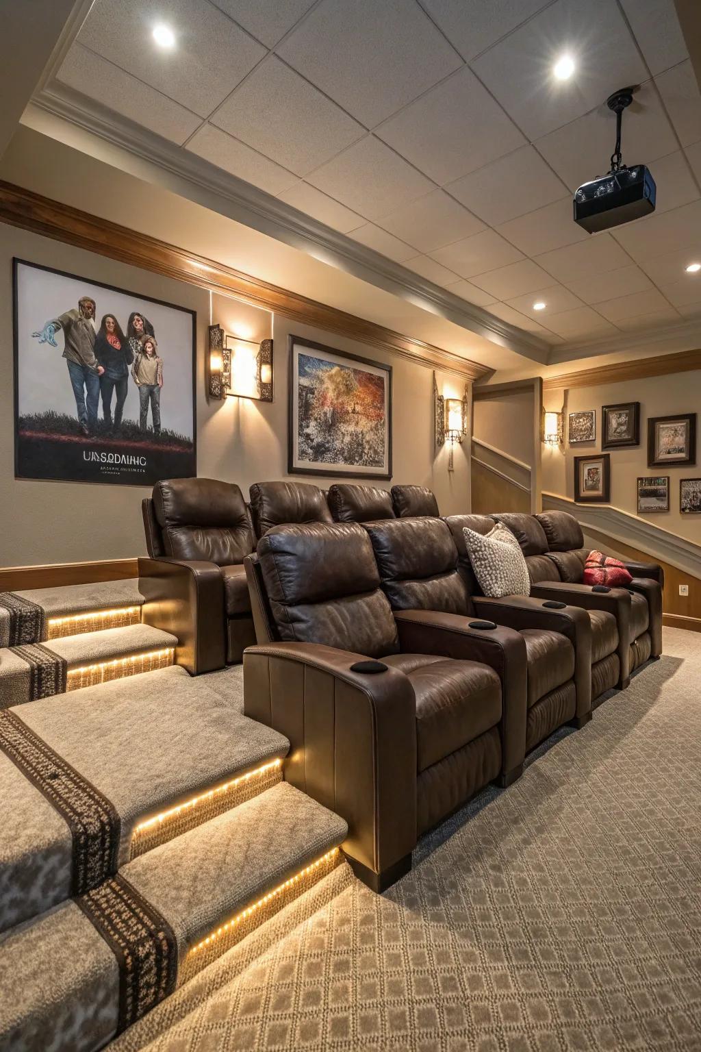 Recliners positioned on platforms deliver an unmatched opulent cinematic experience.