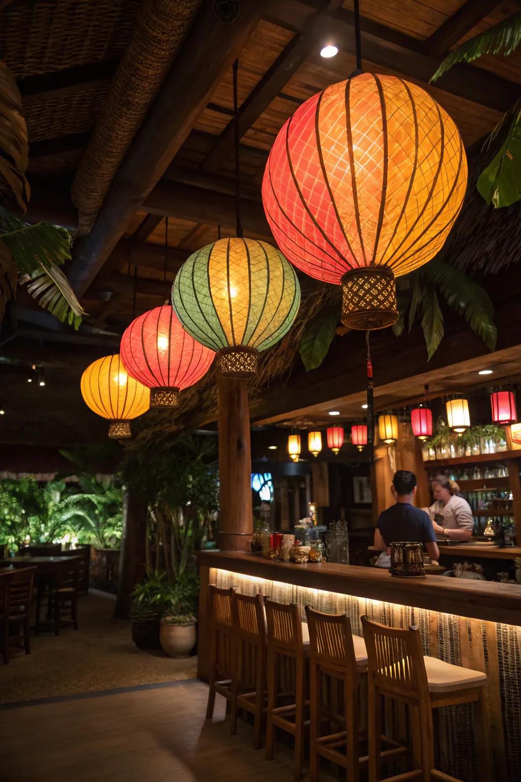 Incorporate coziness and hue with tropical lamp illumination.