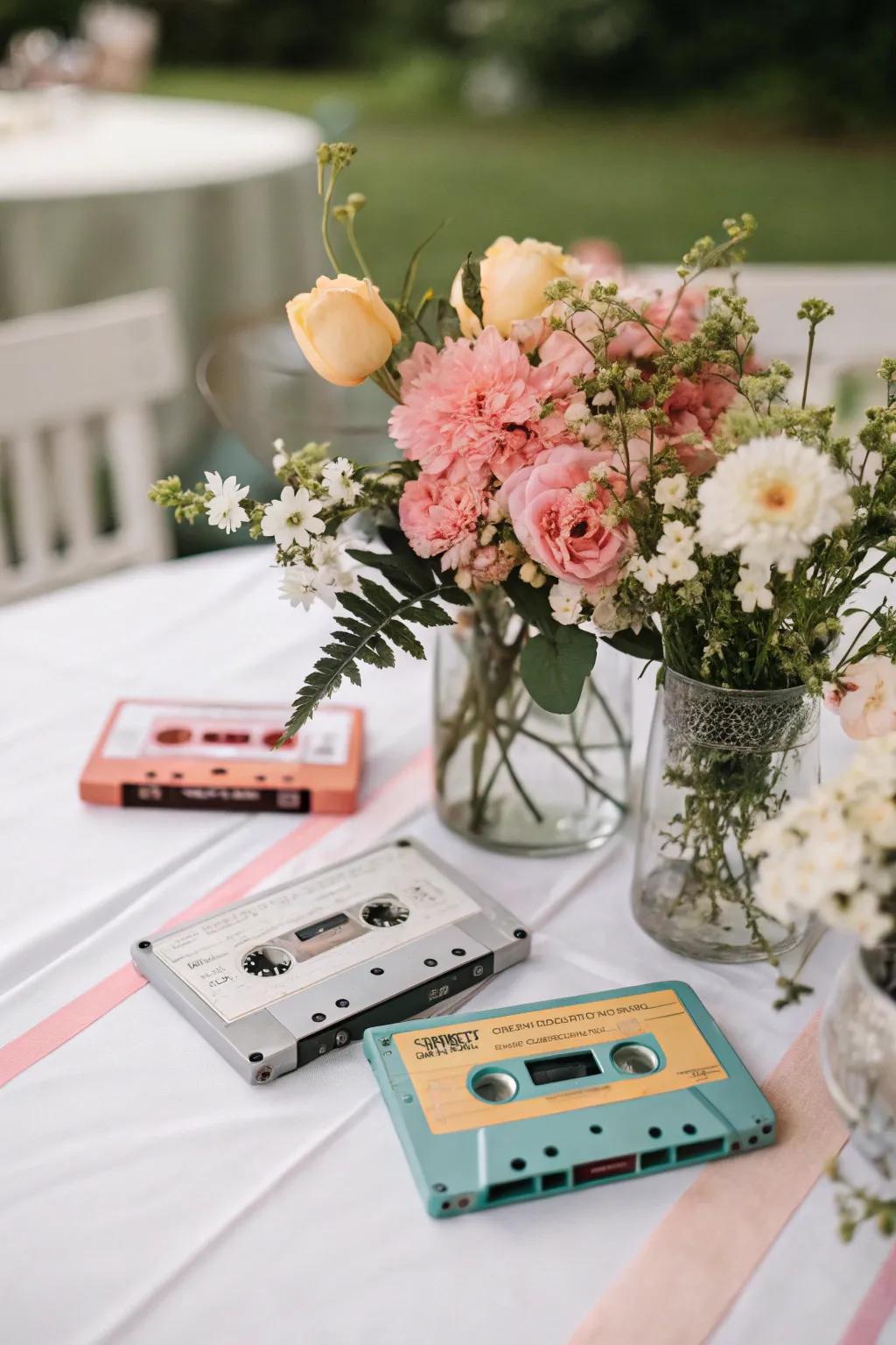 Cassette tapes become a nostalgic centerpiece.