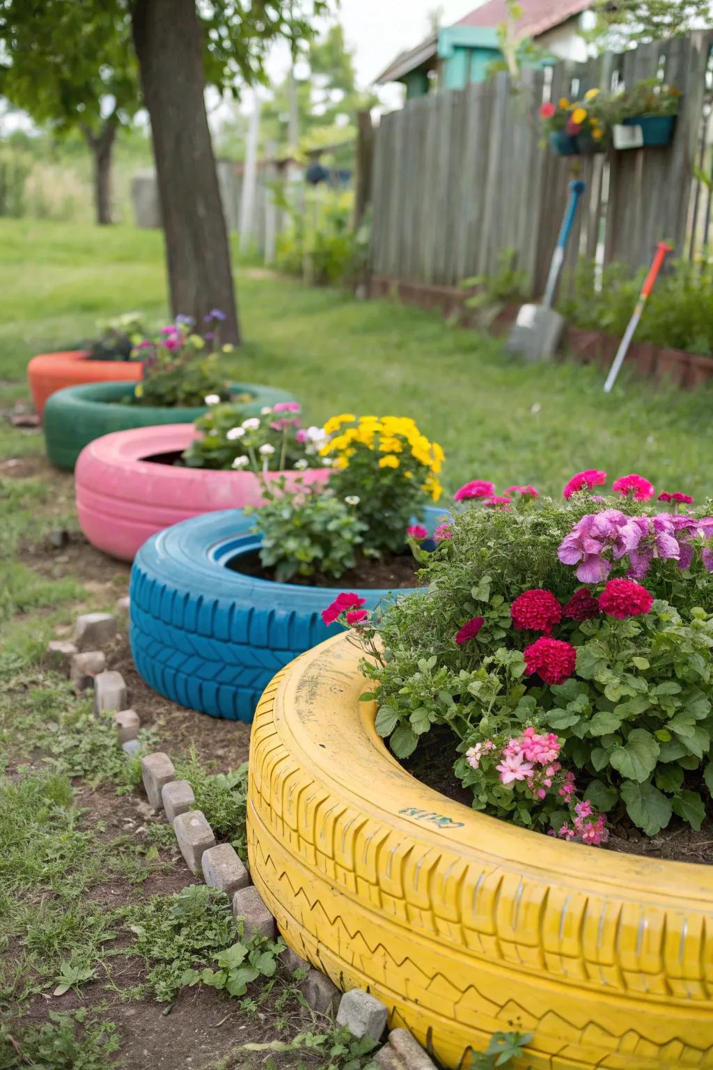 New life is breathed into your garden with brightly colored tires.
