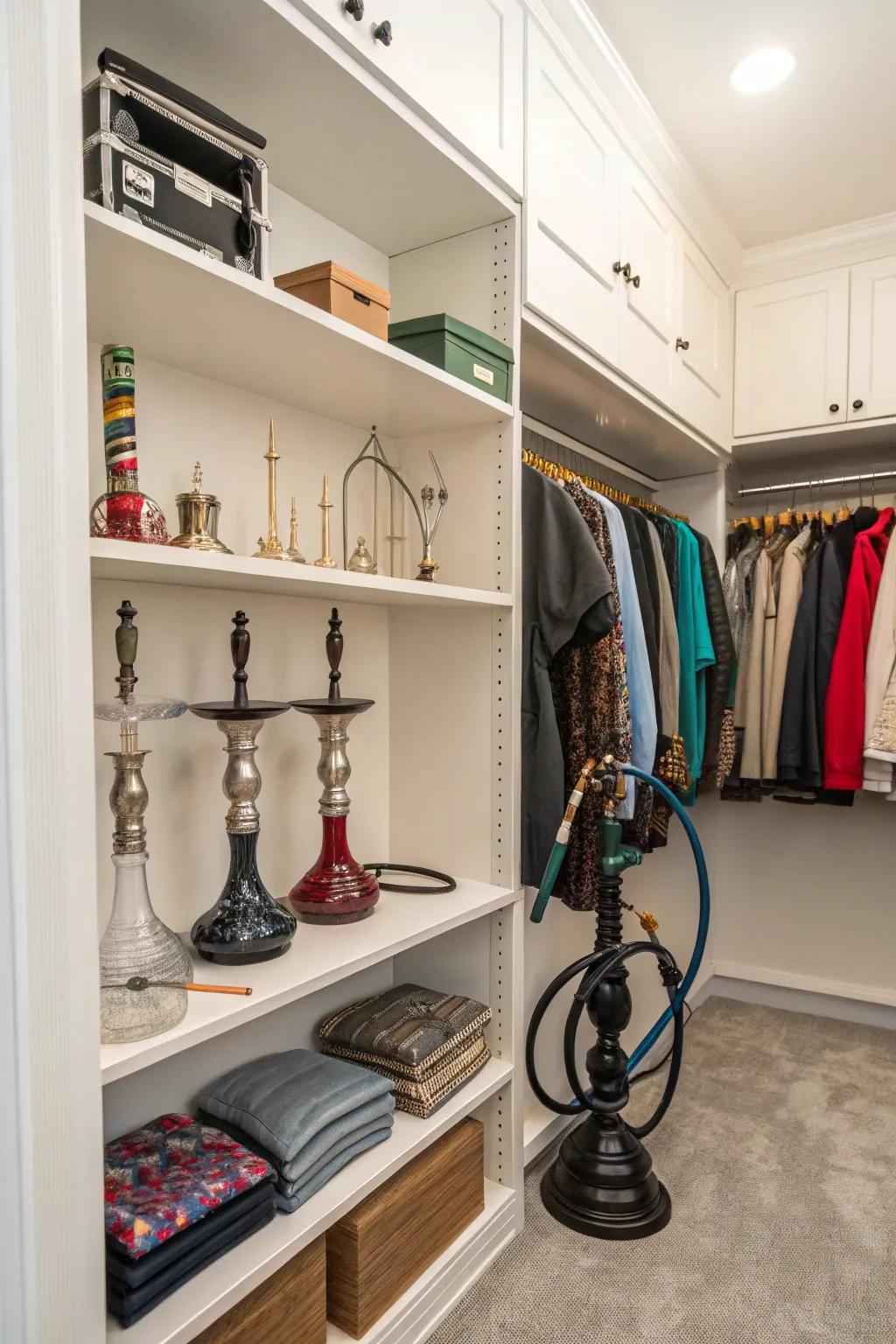 A meticulously arranged closet area dedicated to storing smoking apparatuses.