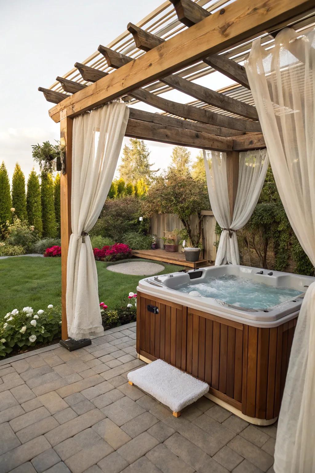 A pergola draped with textiles crafts an intimate hot tub ambiance.