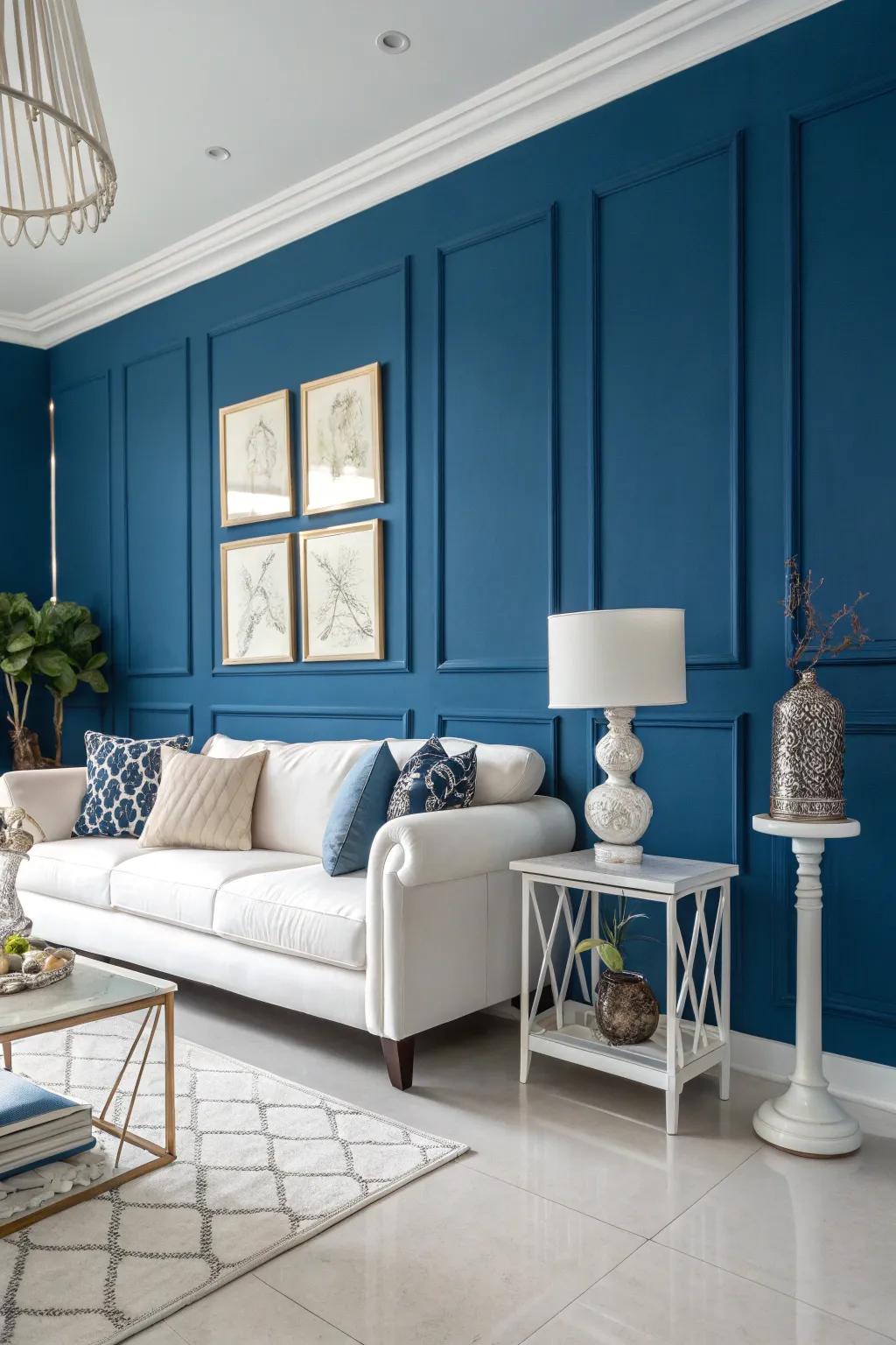 Striking navy walls create a dramatic effect