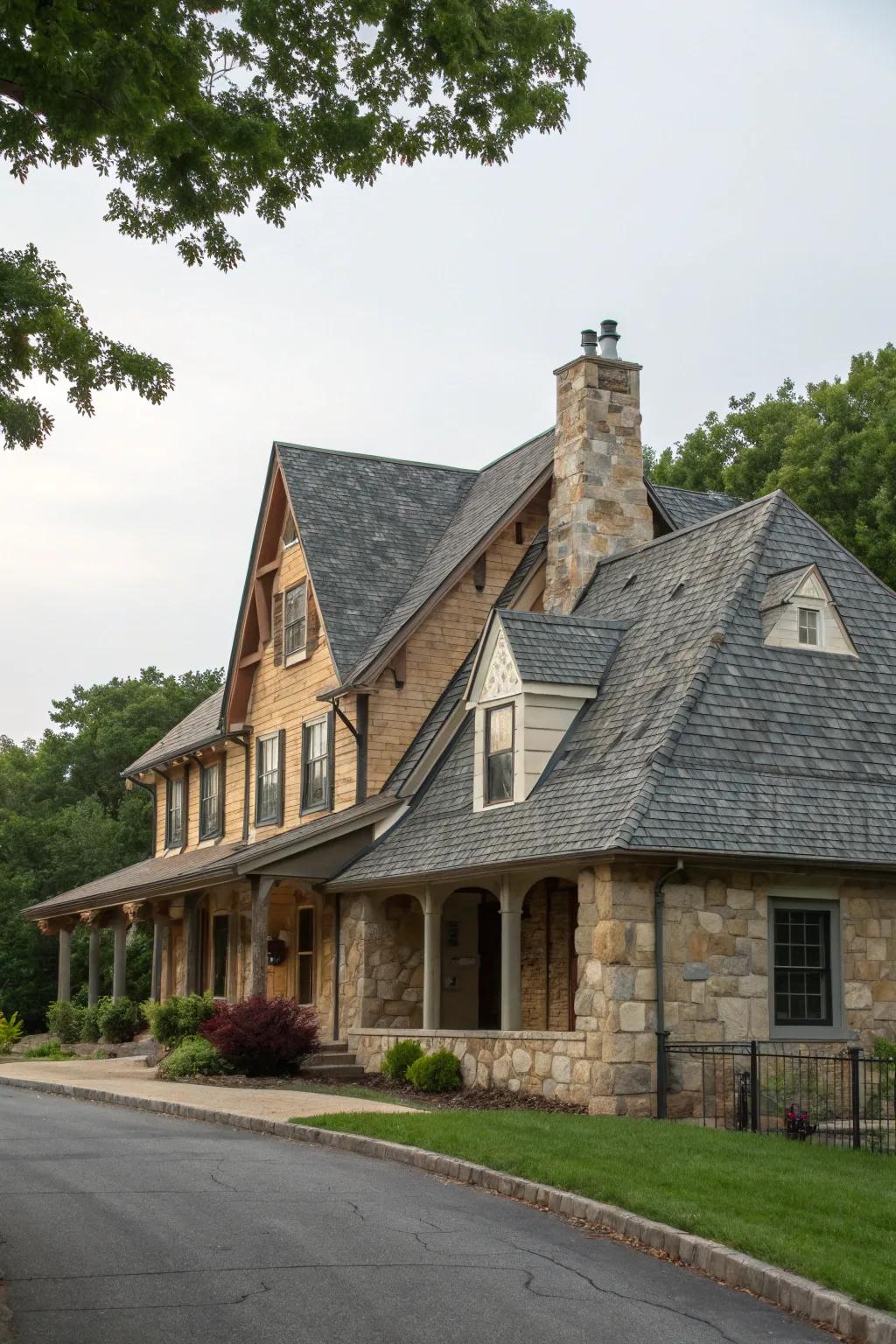A delightful house featuring stone and a pointed roof layout.