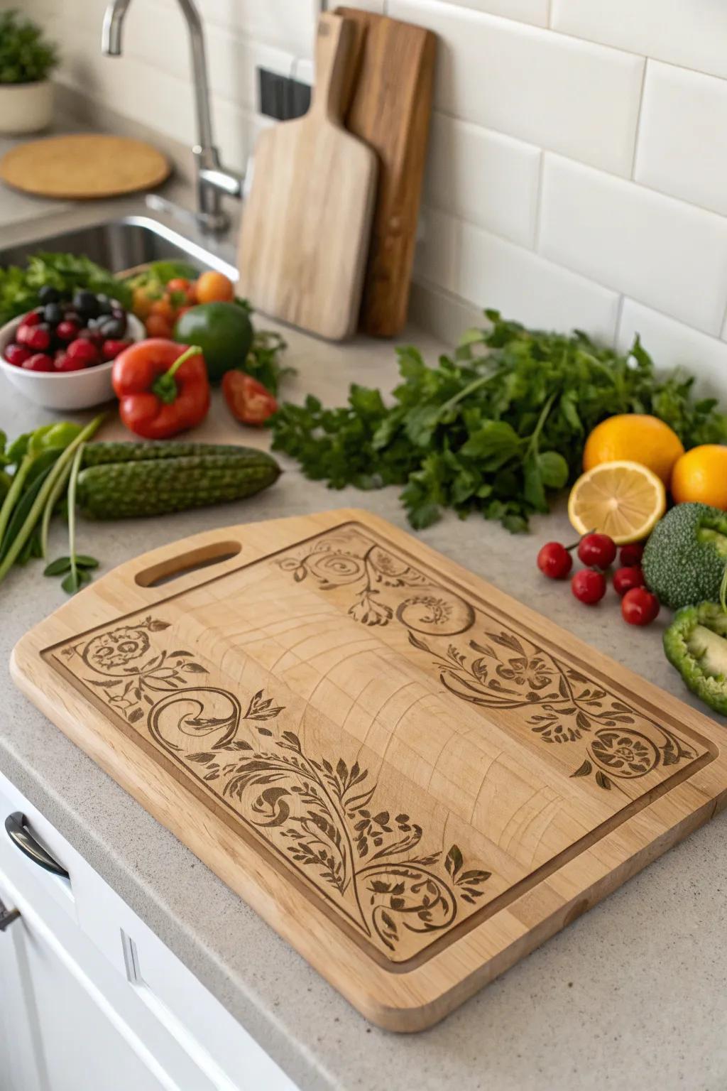 An etched cutting board ready for cooking adventures.