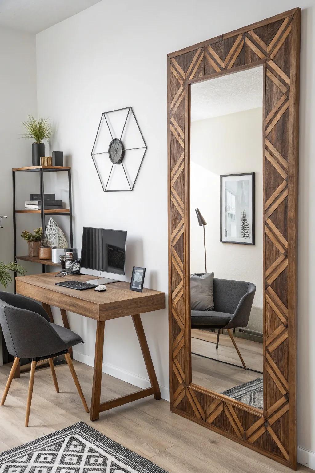Geometrical designs contribute a cutting-edge flair to any mirror.