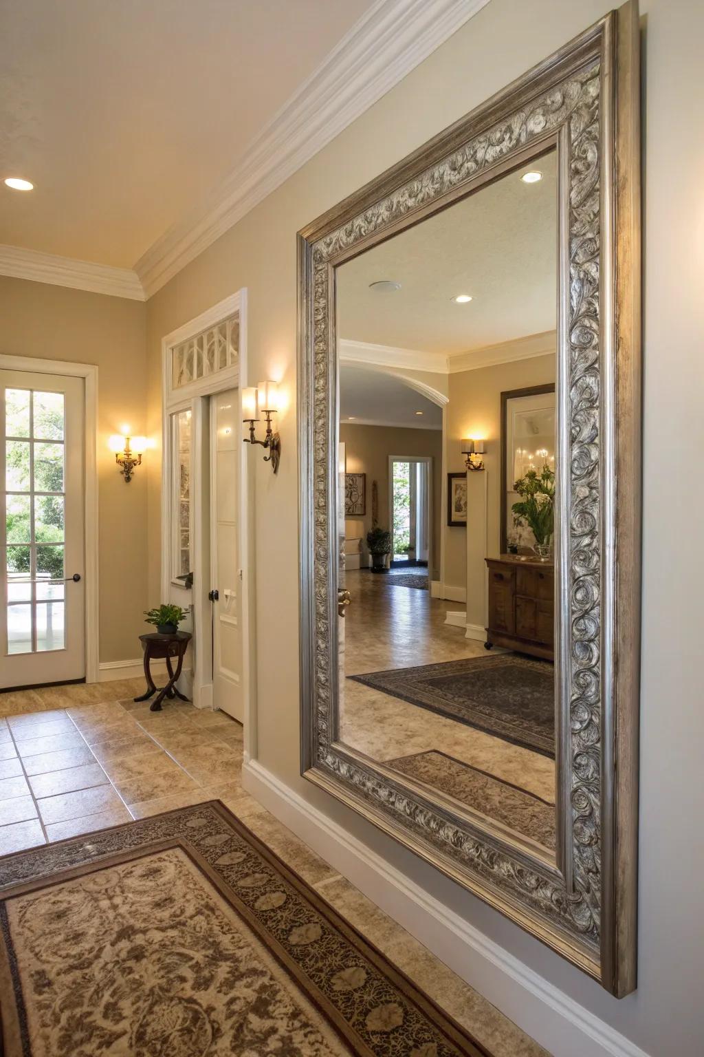 A large mirror in the entryway casts light, creating a sense of spaciousness.