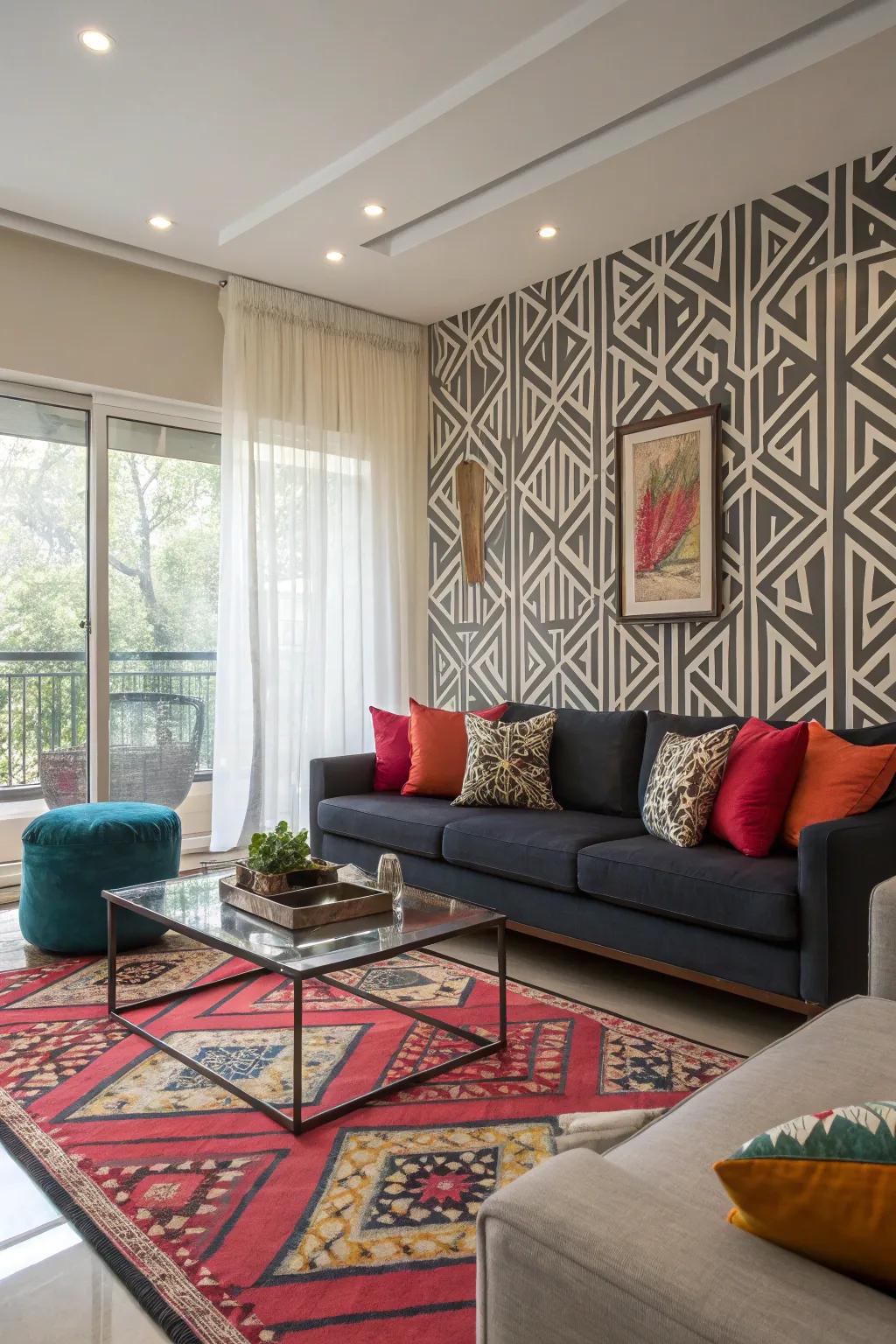 A notable geometric feature wall enhancing the living area's layout.