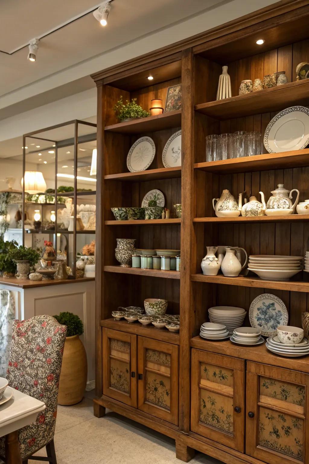 Exposed shelves displaying a beautifully curated assortment of dishware and ornamental accents.