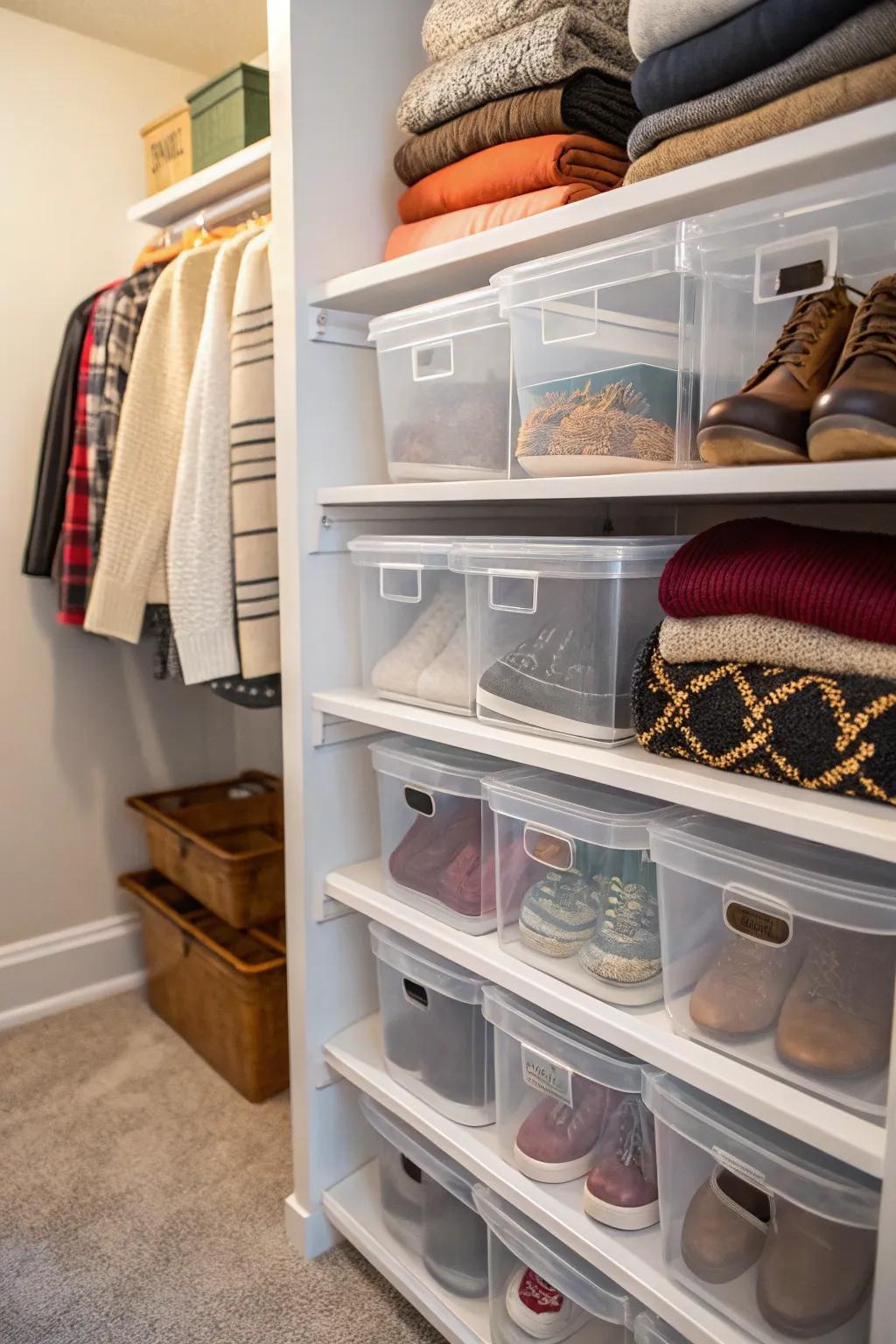 See-through boxes make it easy to see and get to what's stored on deep shelves.