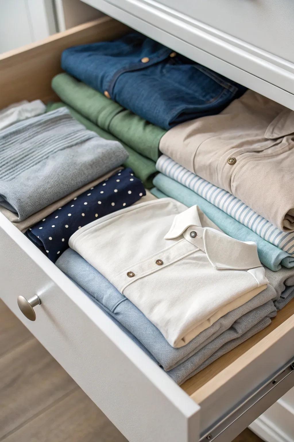 Garment folding, following the KonMari method, optimizes drawer utilization and visibility.