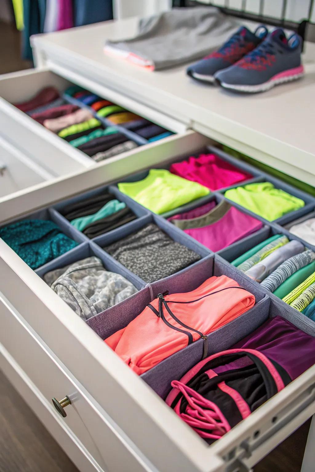 Workout gear crisply sectioned off with drawer dividers.