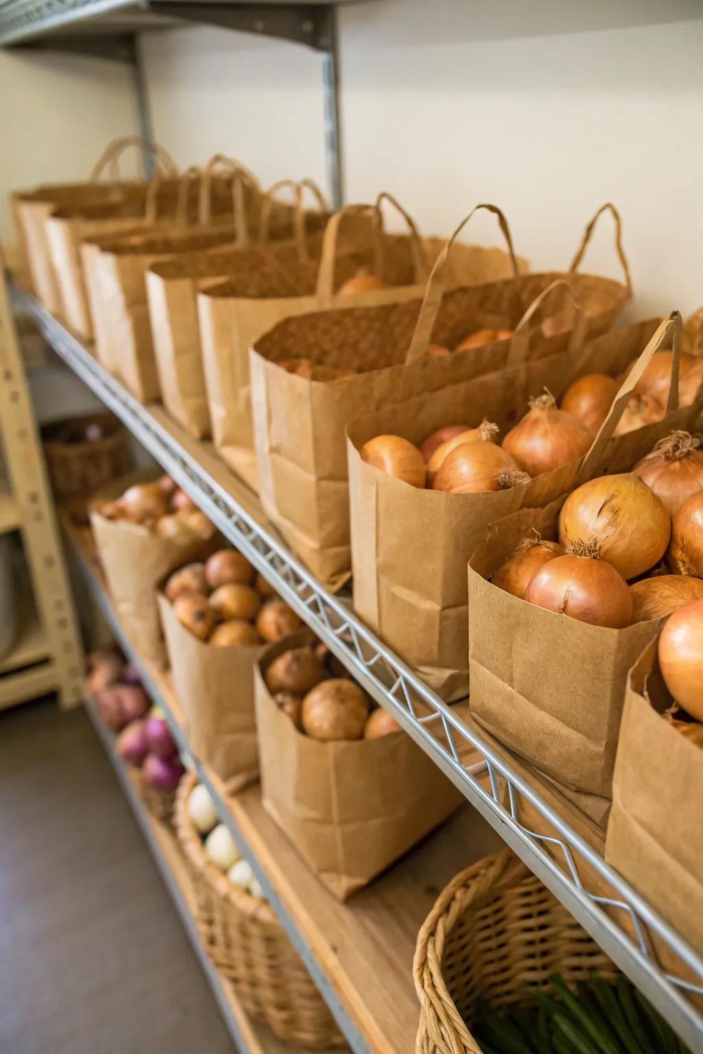 Fiber bags present a simple and affordable solution for storing onions effectively.