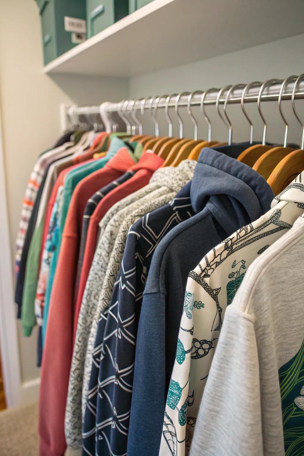 Use closet rods to hang sweatshirts, optimizing your space.