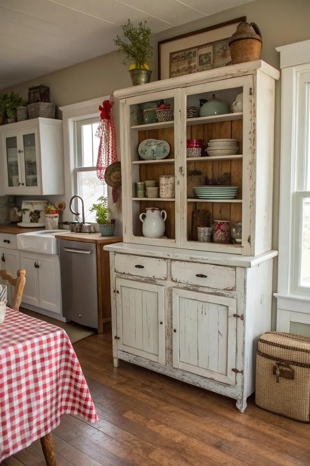 The enchanting farmhouse hutch offers a warm welcome to the kitchen.