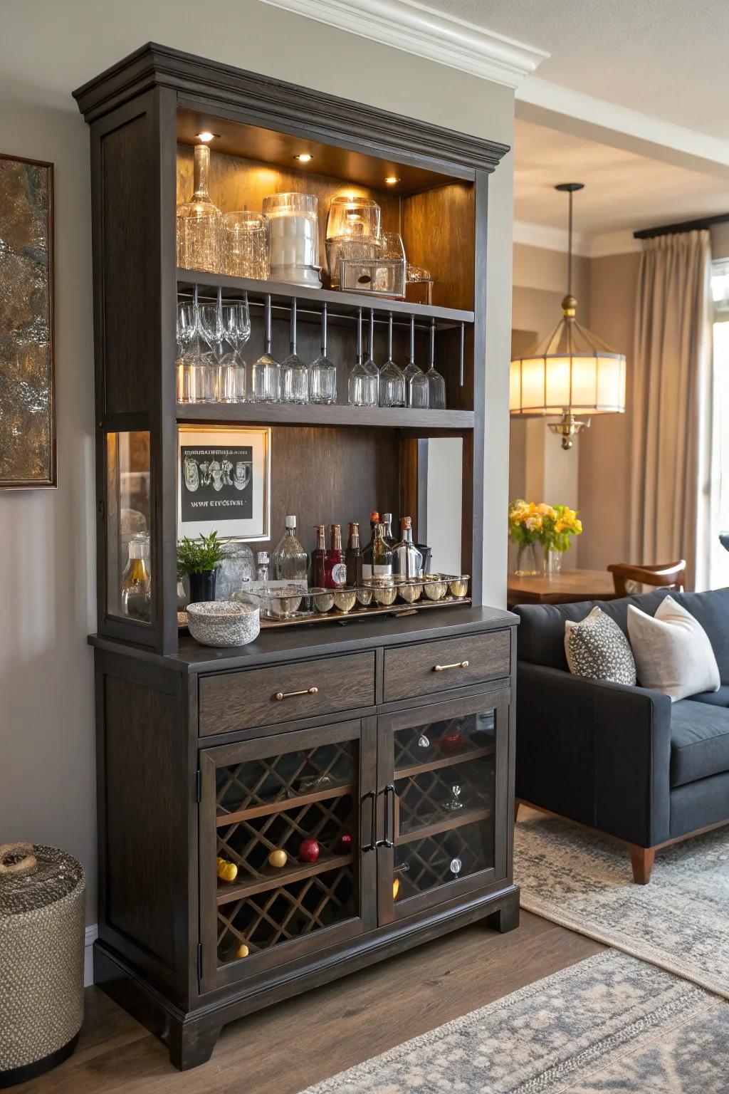 A china cabinet top can serve as the foundation for an excellent mini bar.
