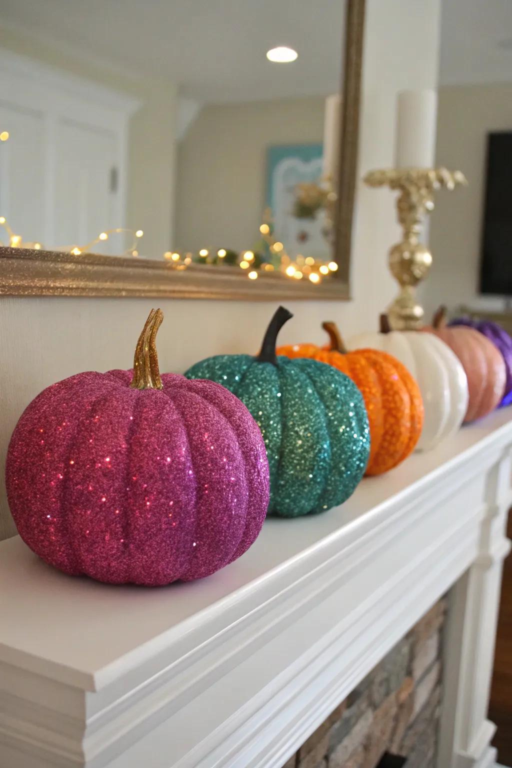 Glittery pumpkins that introduce radiance and charm to any environment.