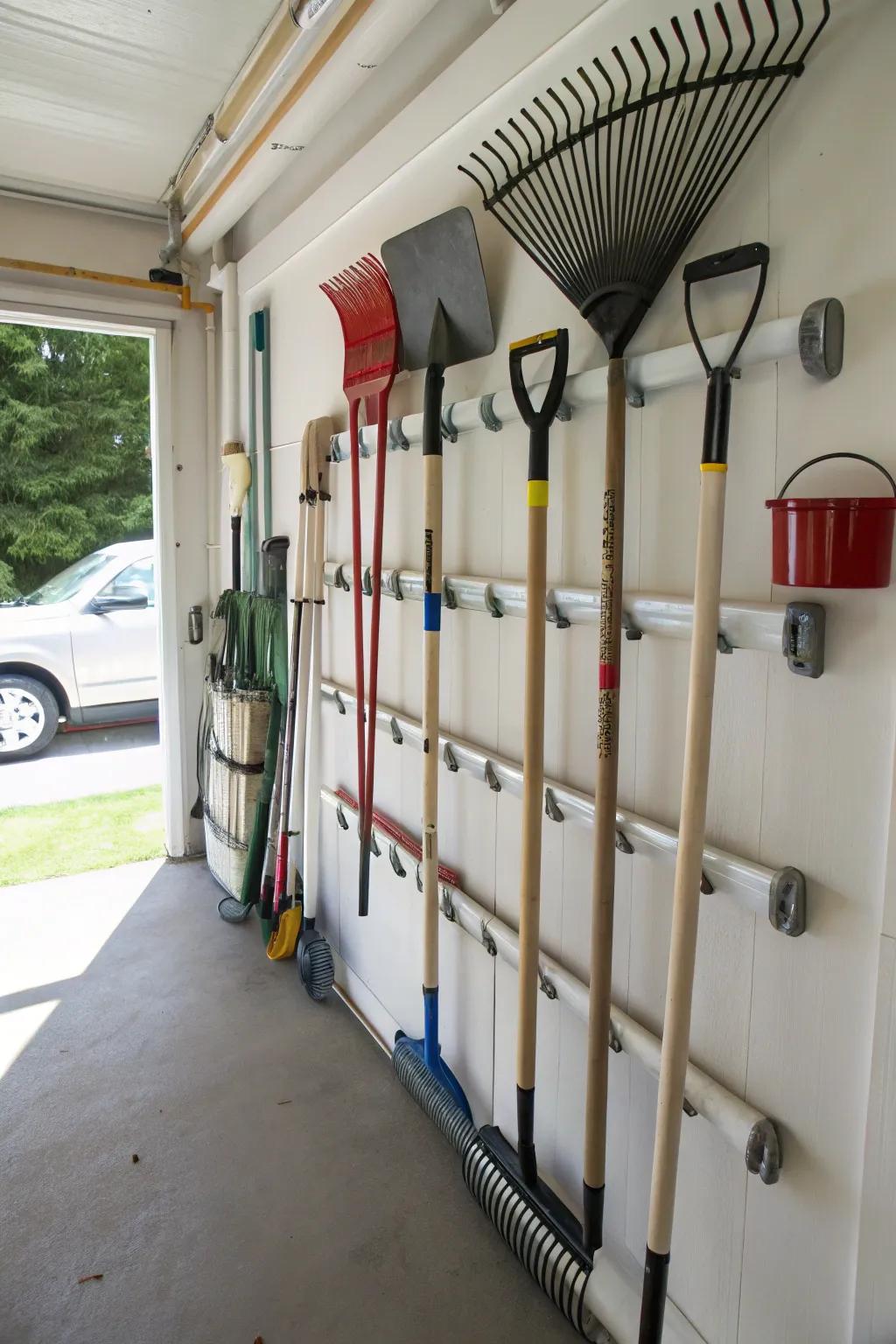 Plastic tubes provide a creative and neat option for storing long-handled tools.