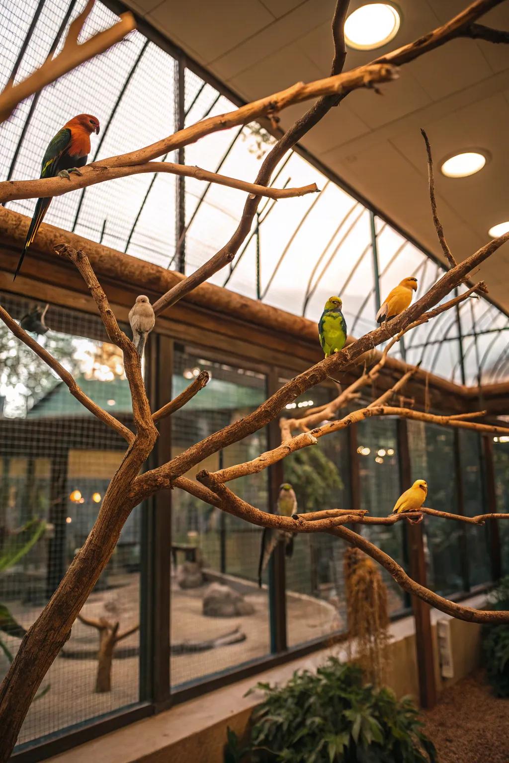 Raw branches transform an aviary into a naturally captivating retreat.